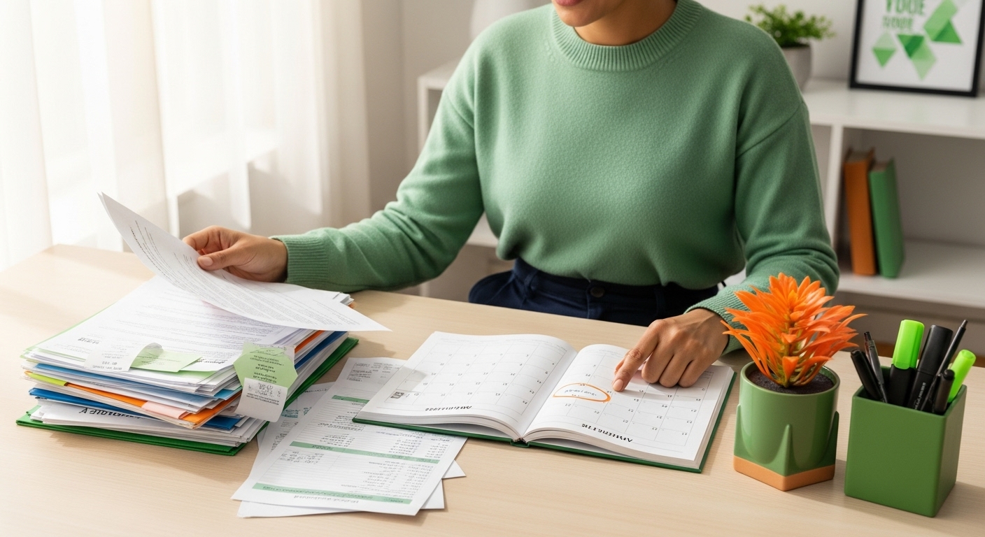 연말정산을 위해 1년간의 영수증과 서류를 꼼꼼히 정리하며 재정 계획을 세우는 직장인의 모습.