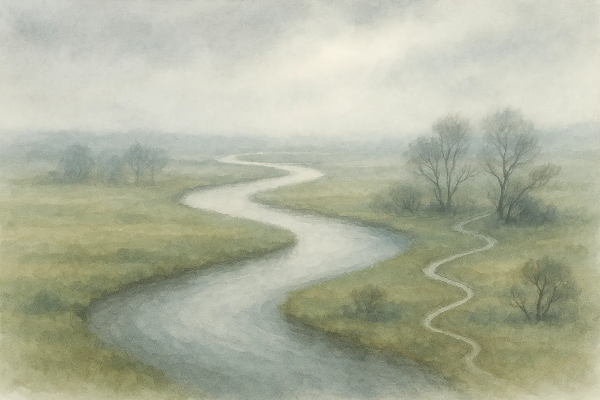 안개 낀 평원 위 두 강줄기로 표현된 금리 변동의 흐름