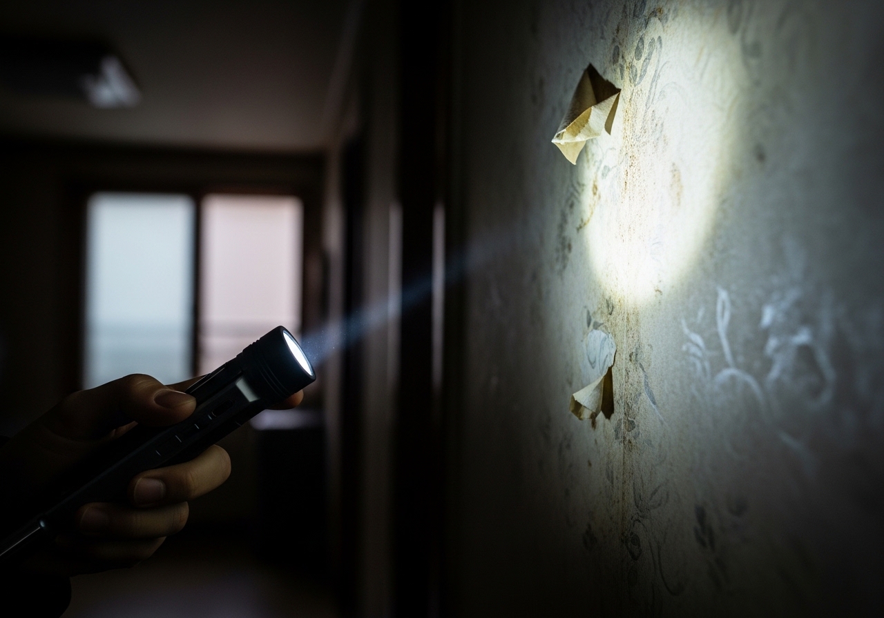 창문 틀 실리콘에 생긴 곰팡이와 결로 흔적을 확인하는 손