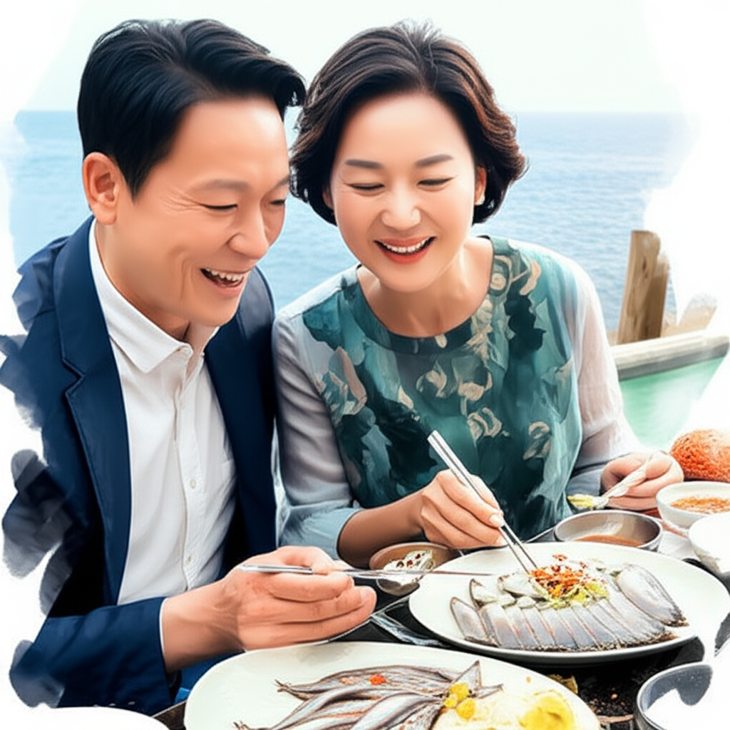 행복해 보이는 부부의 전어를 즐기는 모습