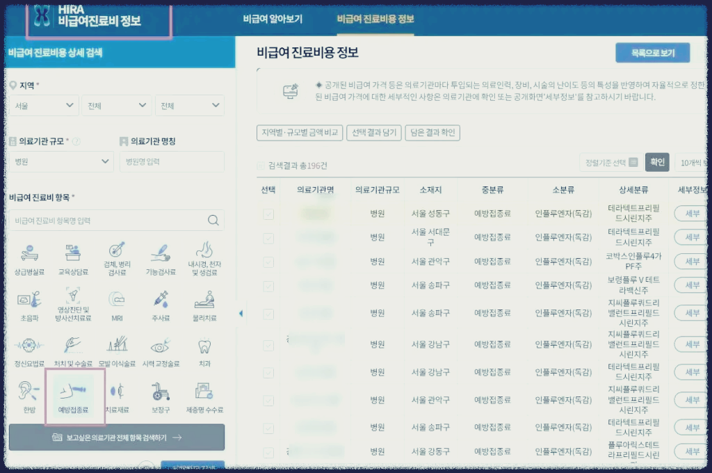 독감 예방접종 가격 조회