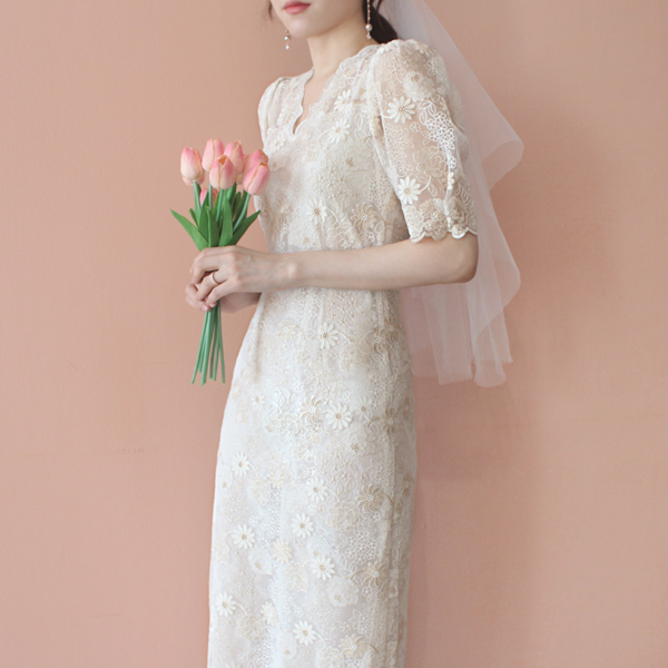 비비에 레이스 빈티지 플라워 금사 셀프웨딩드레스