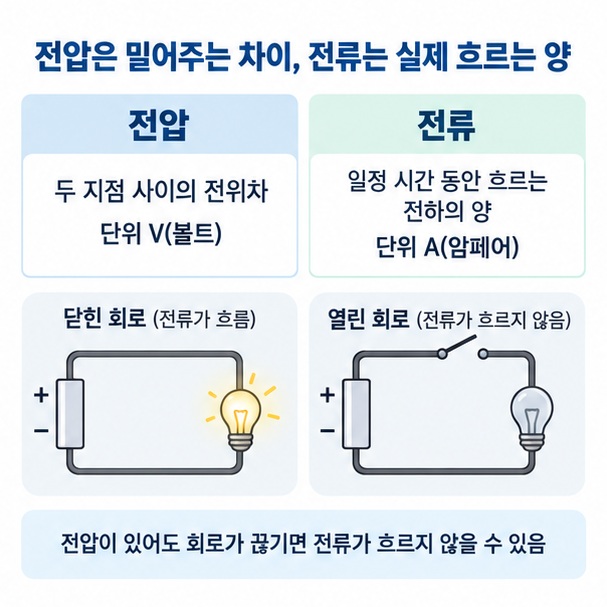 전압은 전위차, 전류는 전하의 흐름이며 각각 볼트와 암페어로 표시되는 차이를 비교한 이미지
