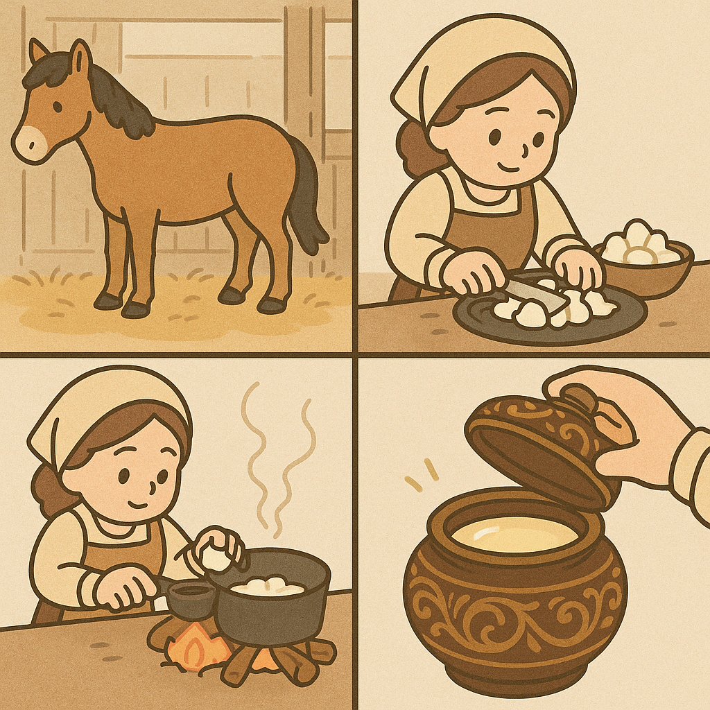 네 컷으로 구성된 일러스트. 첫 컷은 외양간에 있는 말, 두 번째는 여성이 말의 지방을 자르고 있는 모습, 세 번째는 냄비에 지방을 끓이는 장면, 네 번째는 정제된 마유가 고급 단지에 담긴 모습