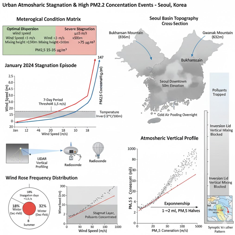 도시 대기정체 패턴, 미세먼지 고농도 발생 기상 조건 분석