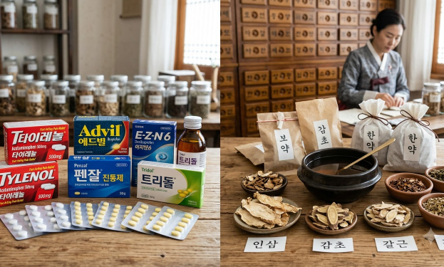 진통제와 한약을 함께 놓고 비교하는 이미지