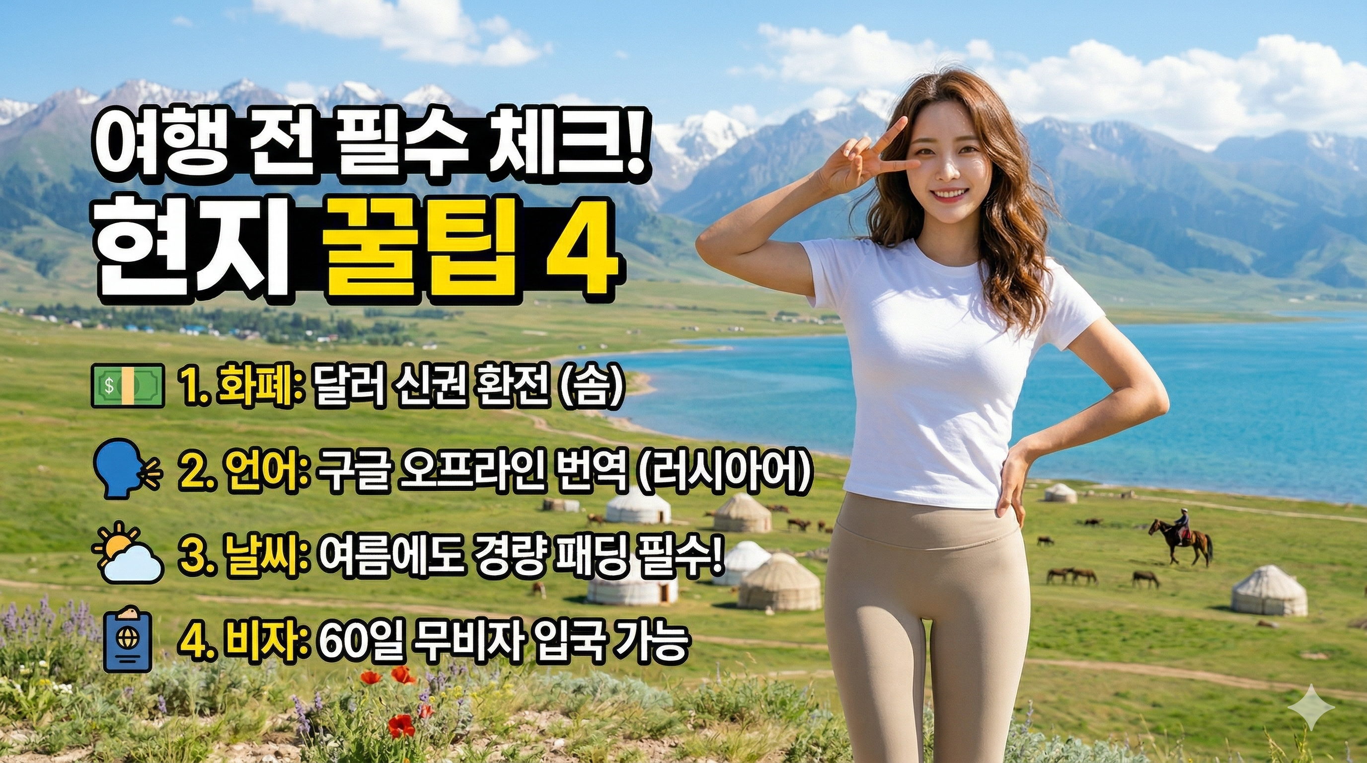 [키르기스스탄 가볼만한곳] 여행 전 필수 체크! 꿀팁 4가지 요약 이미지. 설산과 초원, 유르트를 배경으로 브이 사인을 그리며 활짝 미소 짓는 아름다운 여성 여행자의 전신 앞모습. 화폐(달러환전), 언어(러시아어), 날씨(경량패딩), 비자(60일무비자) 정보 아이콘 및 텍스트 포함.