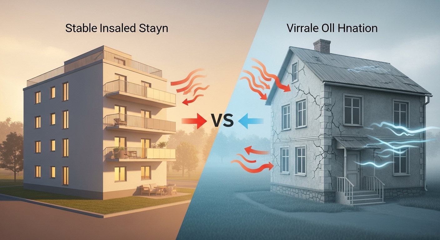 단열이 잘된 현대식 아파트와 단열이 취약한 오래된 주택을 비교하여, 집의 단열 상태가 난방 효율에 미치는 영향을 시각적으로 보여줍니다.