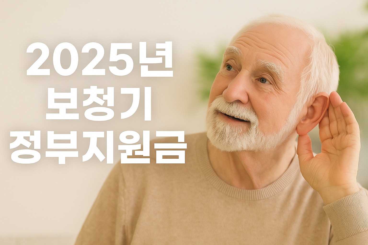 보청기를 착용하려는 노년 남성의 모습과 '2025년 보청기 정부 지원금' 문구가 적힌 이미지