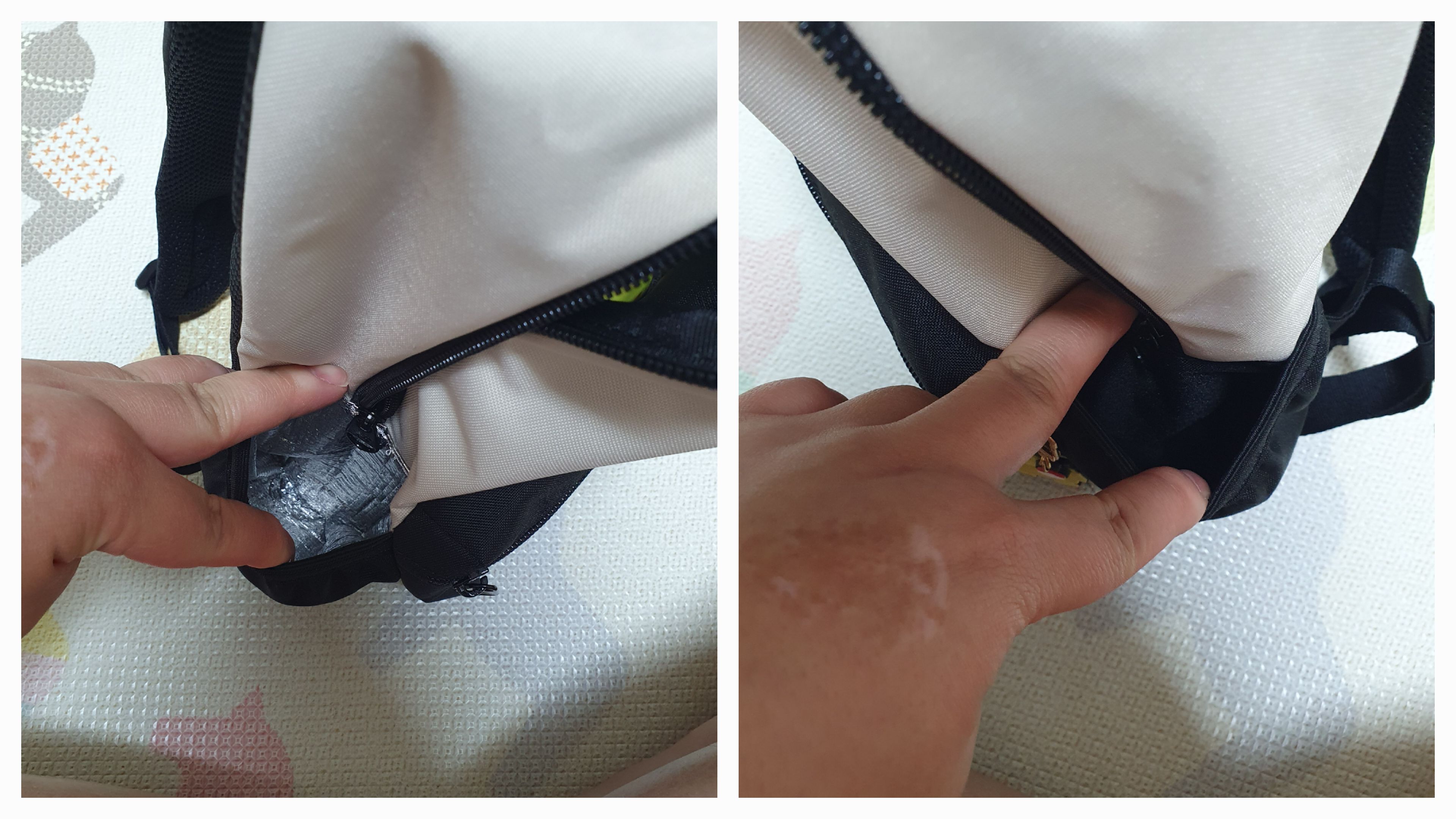 가방왼쪽 사이드에 보냉이 되는 공간 포켓 존재함.