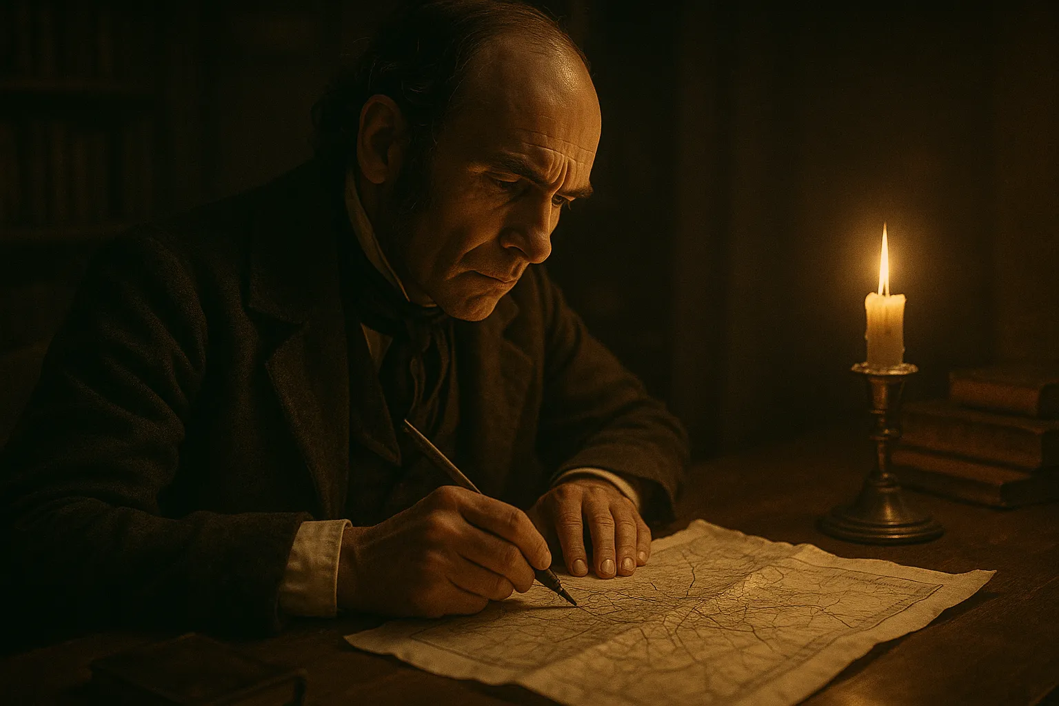 "존 스노우가 19세기 런던 소호 지역 지도에 콜레라 사망자 발생 지점을 표시하며 원인을 추적하는 모습"