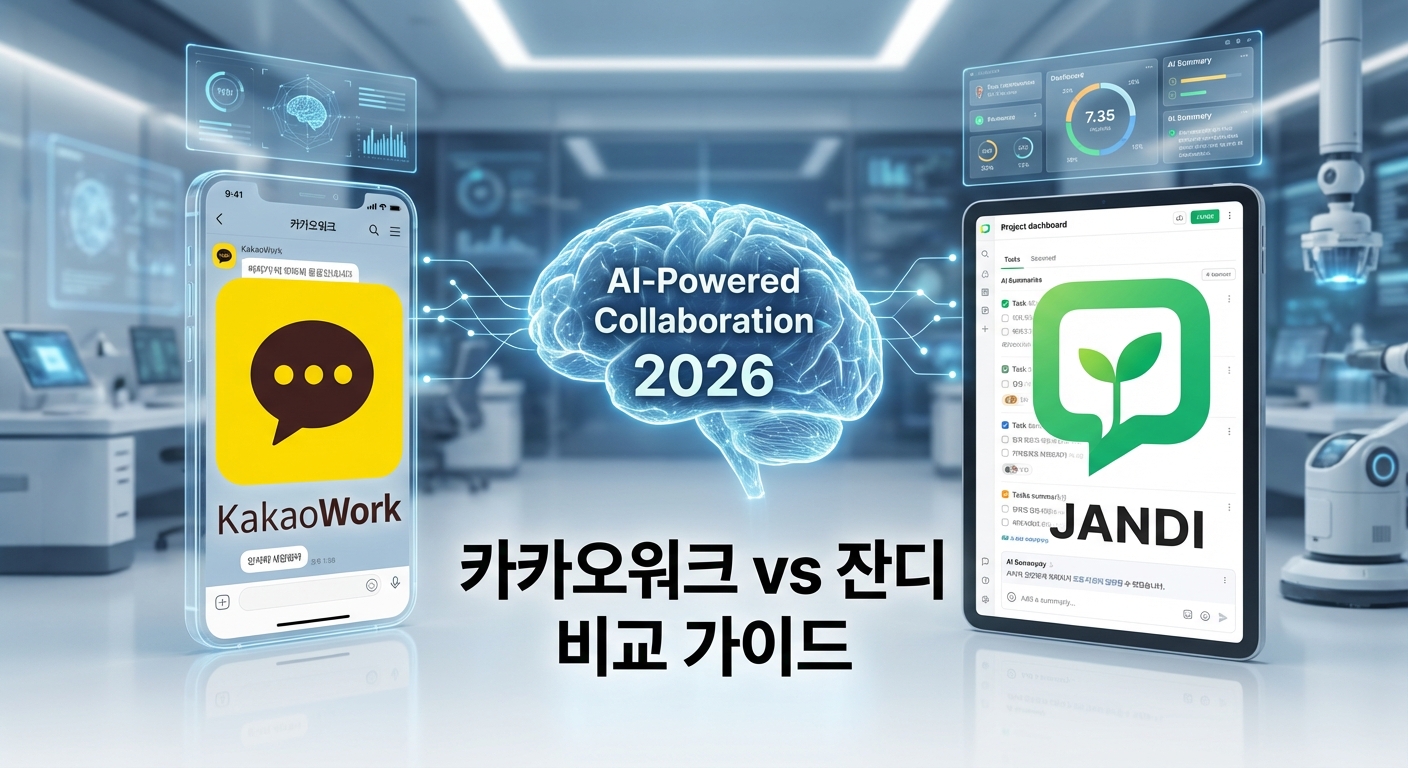 2026년 미래형 오피스 배경에서 좌측의 카카오워크(KakaoWork) 스마트폰 인터페이스와 우측의 잔디(JANDI) 태블릿 대시보드가 중앙의 AI 브레인 네트워크로 연결된 모습. 하단에 '카카오워크 vs 잔디 비교 가이드'라는 한글 텍스트가 명시되어 있다.
