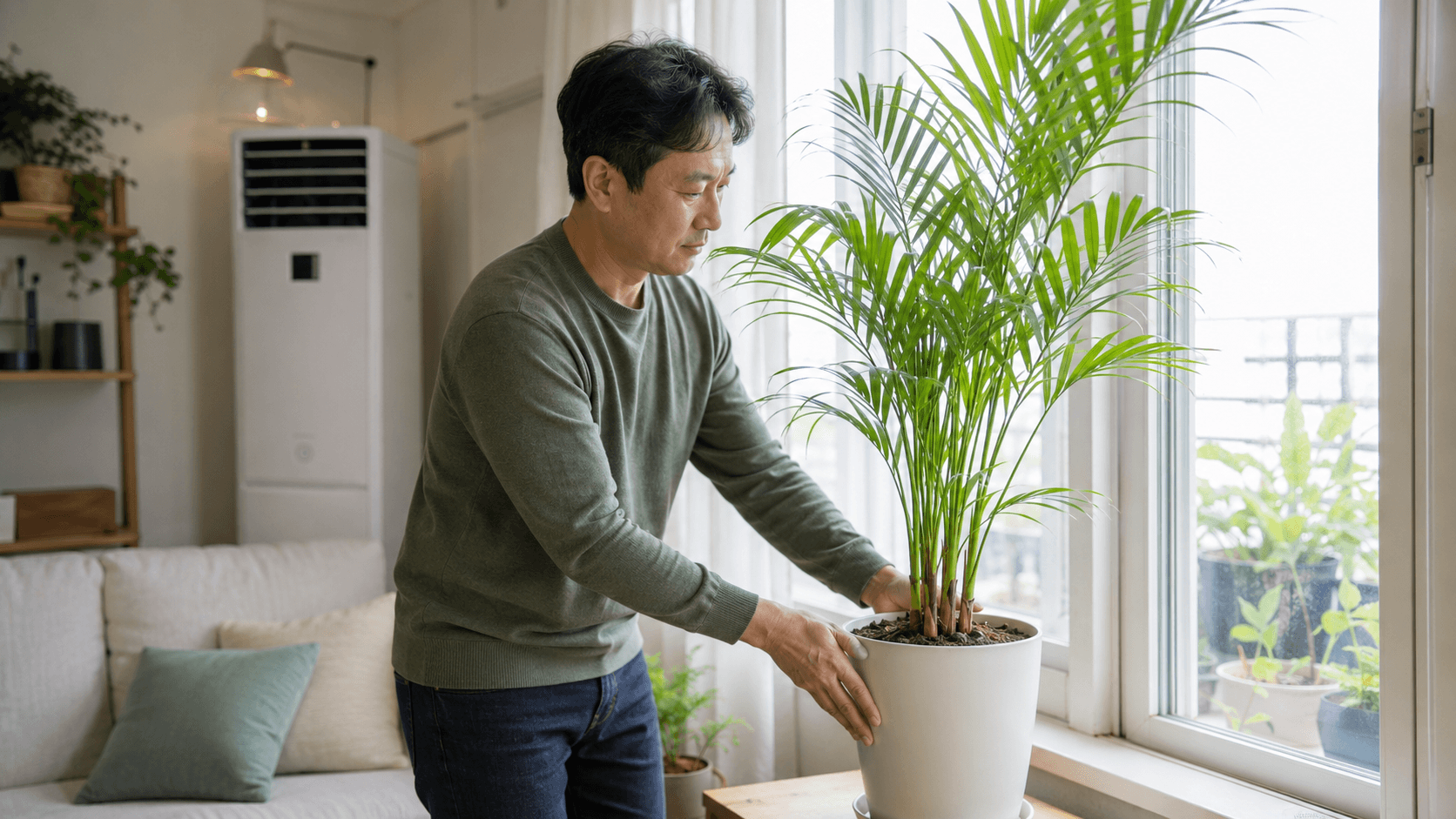 아레카야자 갈색 잎끝 확인 기준을 설명하는 한국 가정의 실내 식물 관리 장면