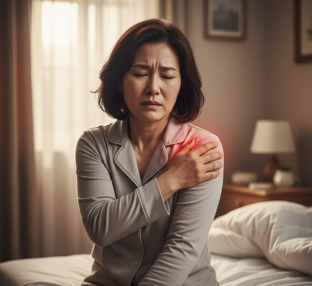 갱년기 여성의 오십견 통증 – 밤에 어깨가 아파 잠을 설칠 때 나타나는 오십견 초기 증상