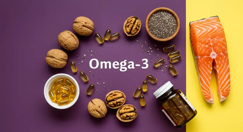 연어, 호두, 치아씨, 오메가-3 영양제 캡슐이 함께 배치된 오메가-3 풍부한 식품 구성