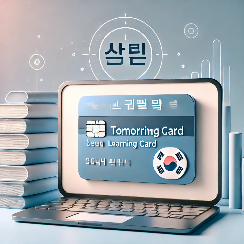 국민내일배움카드와 노트북, 책 더미로 구성된 교육 관련 이미지