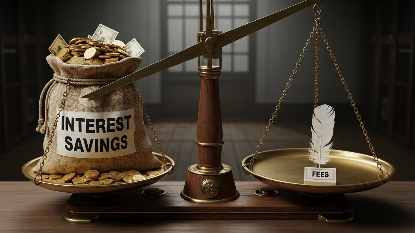 A balanced scale comparing a heavy bag of money labeled 'Interest Savings' against a small feather labeled 'Fees'