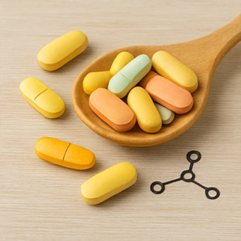 근육 강화에 도움이 되는 종합비타민을 나타내는 팔, 숟가락 위의 알약, 색색의 종합비타민을 담은 그릇 이미지