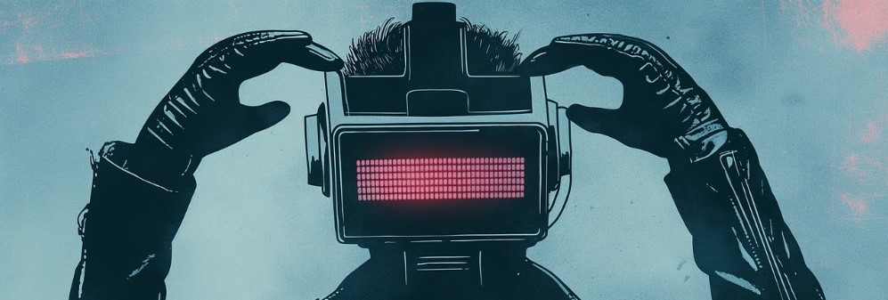 가상환경을 체험할 수 있는 VR을 쓰고 있는 남자의 그림