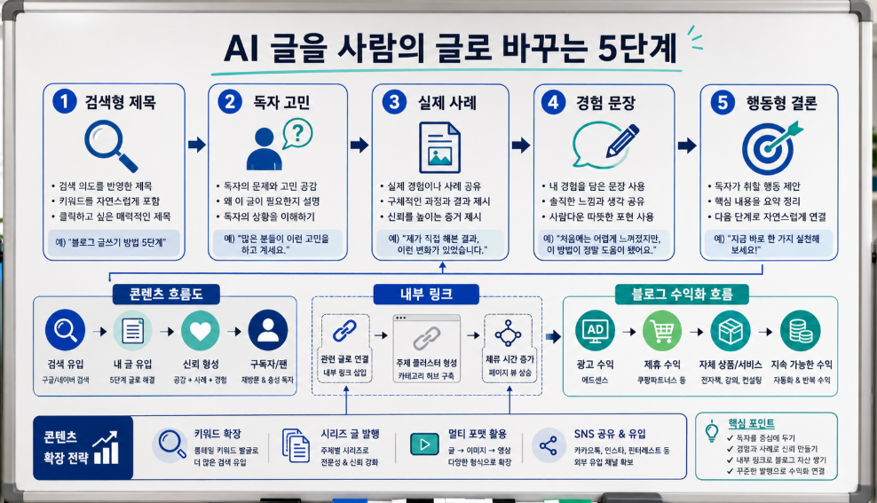 AI 블로그 글을 사람의 글처럼 바꾸는 검색형 제목 사례 경험 결론 구조 이미지