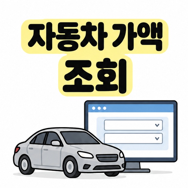 자동차 가액 조회라는 제목 아래 회색 승용차와 비어 있는 선택 칸이 있는 컴퓨터 화면을 배치한 대표 썸네일