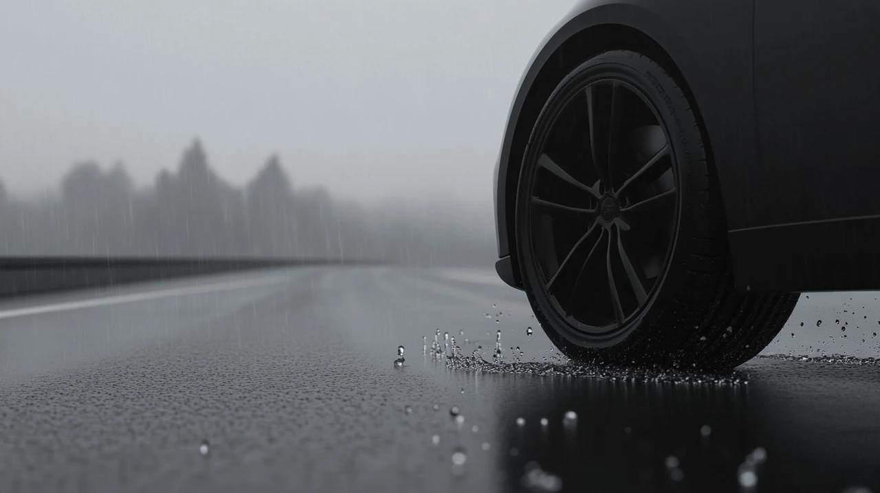 국산 타이어와 해외 타이어가 빗길 제동력과 젖은 노면 접지력에서 어떤 차이가 있는지 선명하게 보여주며, 2025 타이어 성능 비교, 젖은노면 브레이킹, 최신 타이어 트레드, 자동차 주행 안전성을 강조하는 이미지입니다.