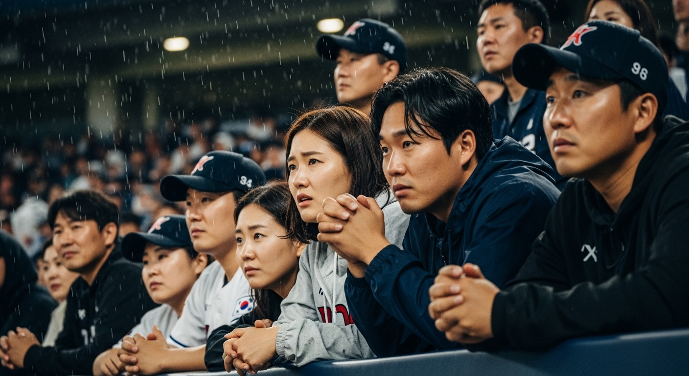 빗속에서도 열정적으로 경기를 지켜보는 야구팬들의 모습. 한국시리즈의 예상치 못한 기상 변수와 팬들의 몰입감을 표현한다.