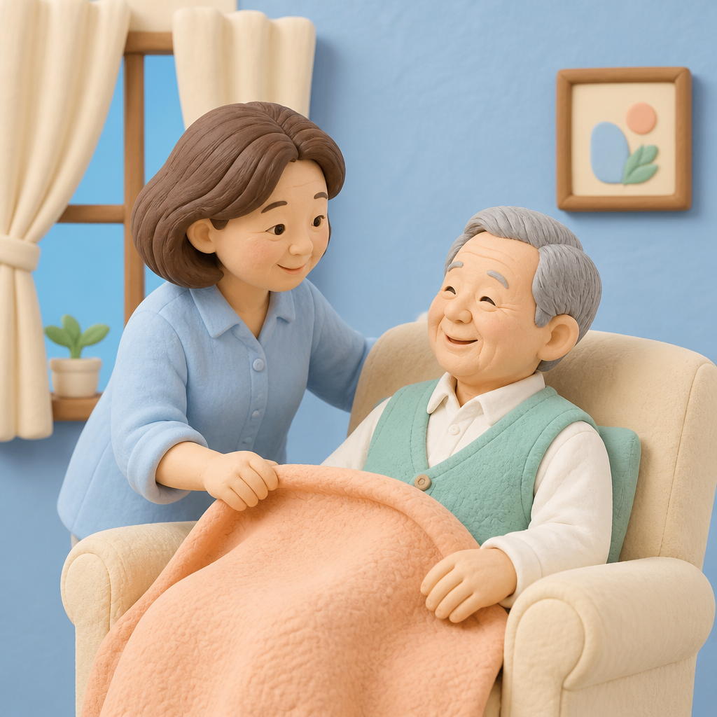 퇴원한 할아버지에게 담요를 덮어 주는 자녀