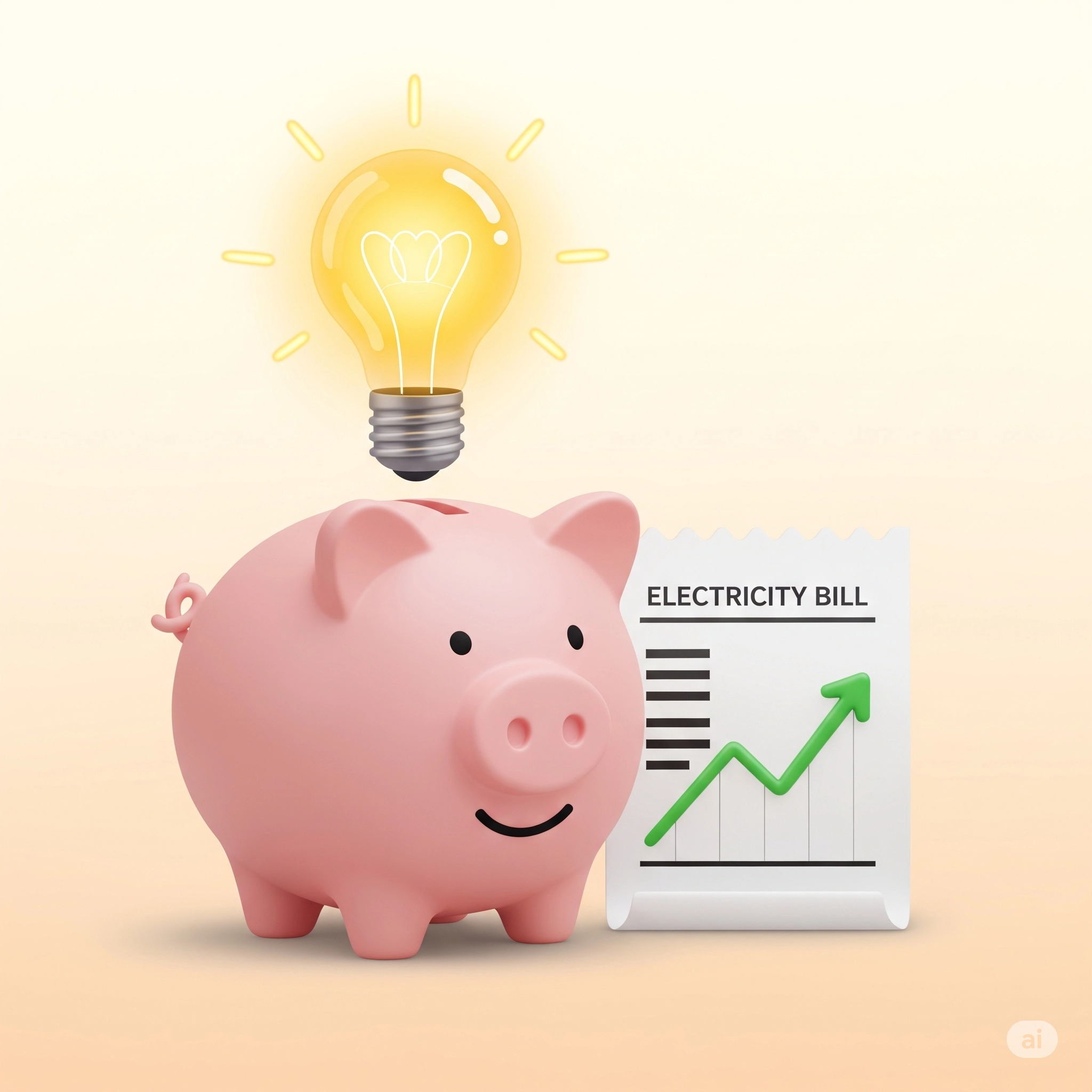 노란색 아이디어 전구가 꽂혀 있는 분홍색 돼지 저금통 옆에 전기요금 청구서가 놓여 있는 이미지.