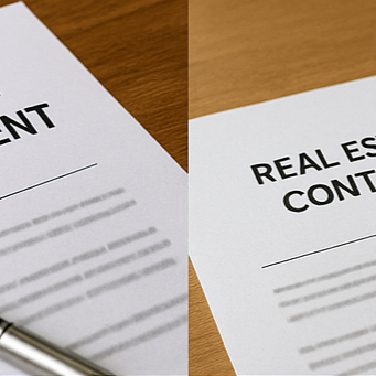 부동산 매매 계약서와 검정 펜&amp;#44; 미니어처 주택 모형이 함께 놓인 장면