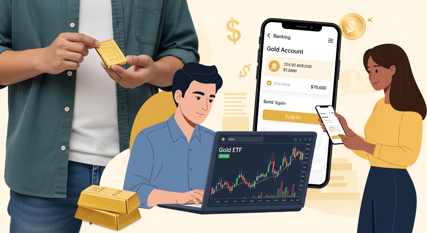 골드바를 든 사람, 금 ETF 차트를 보는 사람, 금 통장 앱을 사용하는 사람 등 다양한 금 투자 방법을 보여주는 이미지