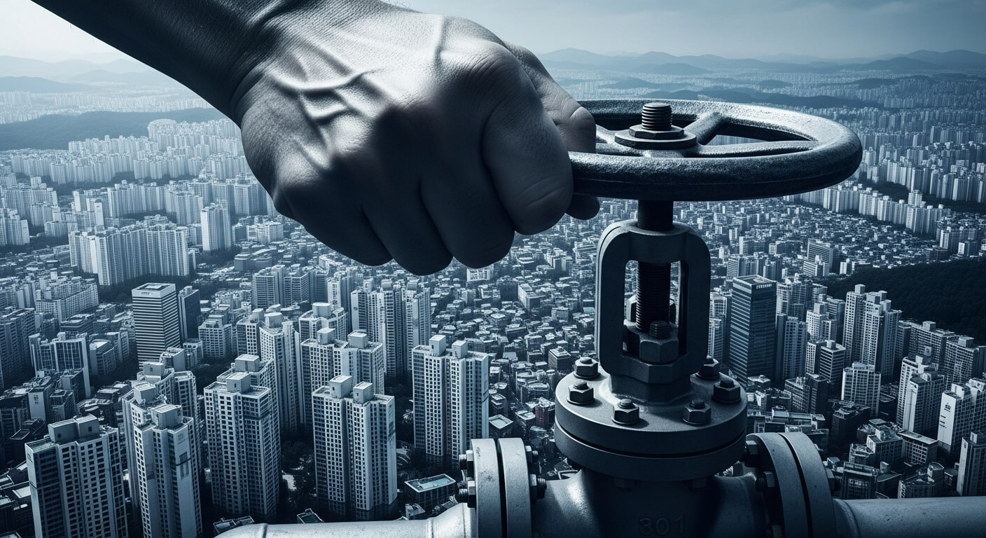 많은 아파트가 뒤로 보이고 큰 밸브를 손으로 잠그는 모습