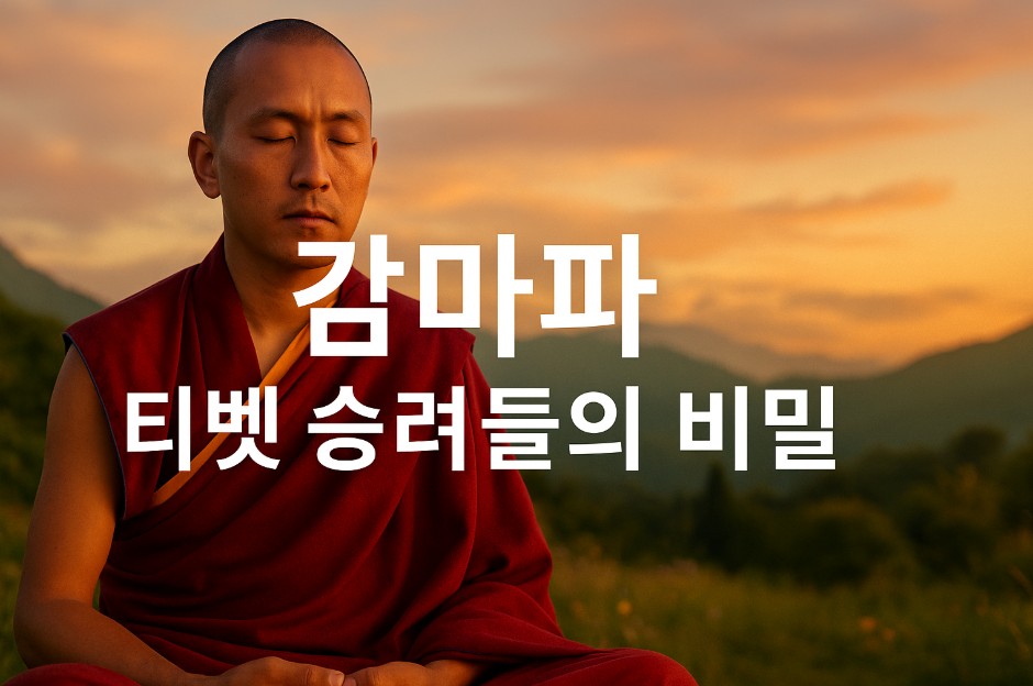 티벳 전통 의상을 입은 승려가 눈을 감고 명상에 집중하고 있으며, 배경은 부드러운 황금빛 자연광과 함께 신성한 고요함을 전한다. 이미지 중앙에는 &ldquo;감마파: 티벳 승려들의 비밀&rdquo;이라는 문구가 선명하고 크게 삽입되어 뇌파 명상과 의식 확장의 주제를 강조한다. 이 이미지는 고감마파 뇌파와 깊은 집중 명상을 시각적으로 표현하며, 뇌과학과 영성의 연결을 직관적으로 보여준다.