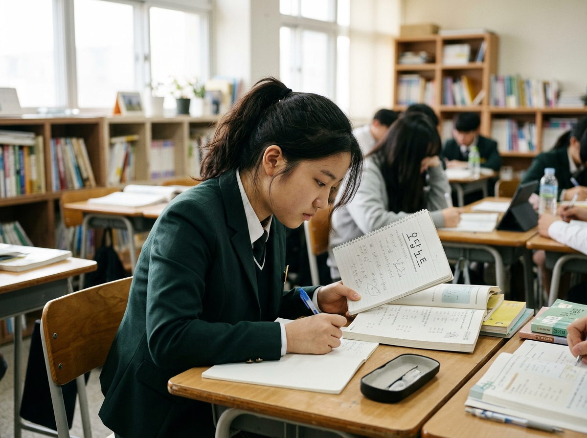자신이 틀린 문제들을 다시 점검하는 학생