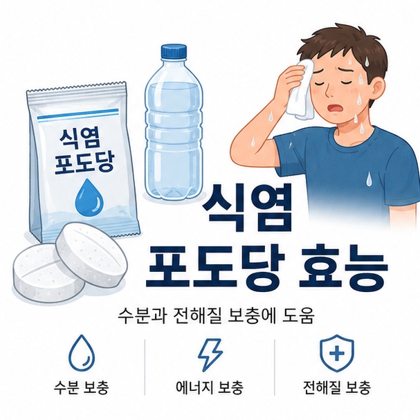 식염포도당 정제와 물병, 땀을 흘린 사람을 배치해 식염 포도당 효능과 수분 보충의 관계를 설명한 대표 이미지