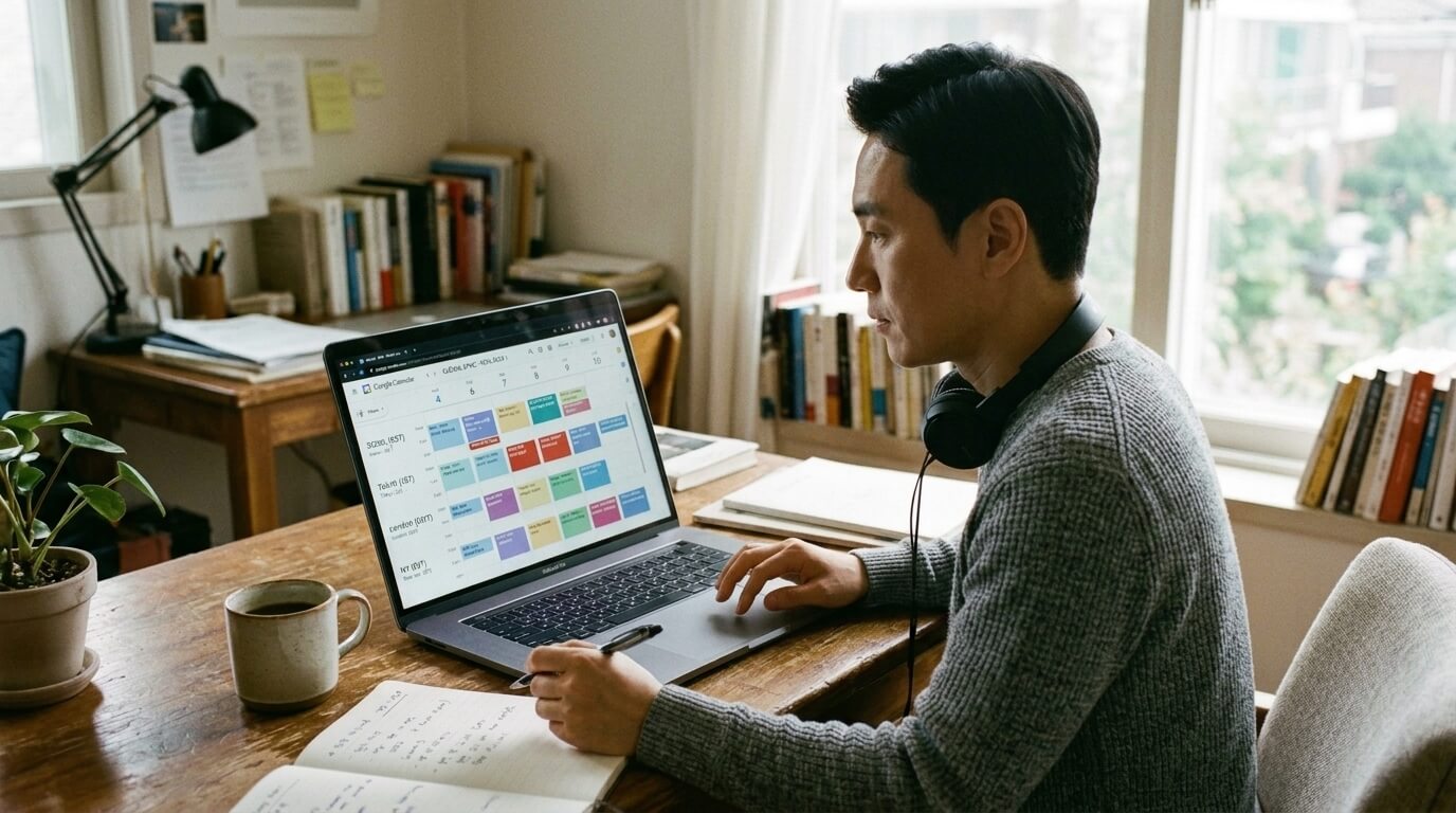 노트북 화면에 여러 시간대가 함께 표시된 캘린더 일정
