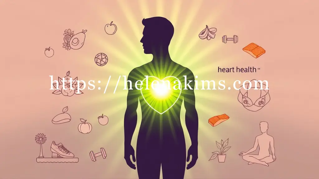 밝고 조화로운 공간에 활력 넘치는 인간 실루엣이 중앙에 위치. 심장 부위에서 싱그러운 초록빛이 퍼져나가는 형상. 실루엣 주변으로는 신선한 채소, 과일, 연어 조각 (건강 식단), 요가 매트와 덤벨 (운동), 명상 자세 (스트레스 관리) 등의 아이콘들이 있는 그래픽 이미지.