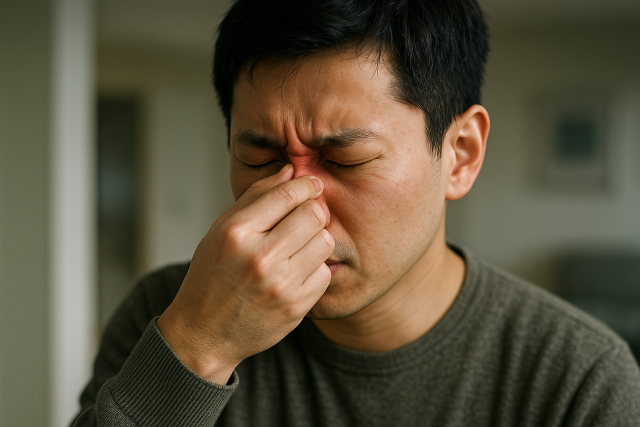 코를 막은 채 불편한 표정을 짓는 젊은 한국 남성