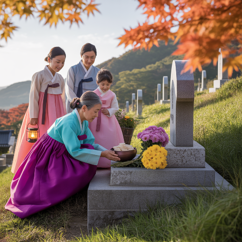 가족들과 산소에 인사 올리는 모습