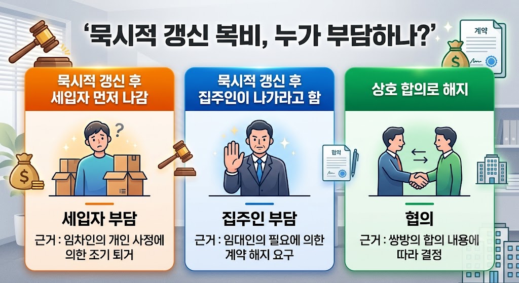 묵시적 갱신 복비 부담 주체 상황별 비교표 - 세입자 중도 퇴거 집주인 요구 합의 해지 각각의 기준