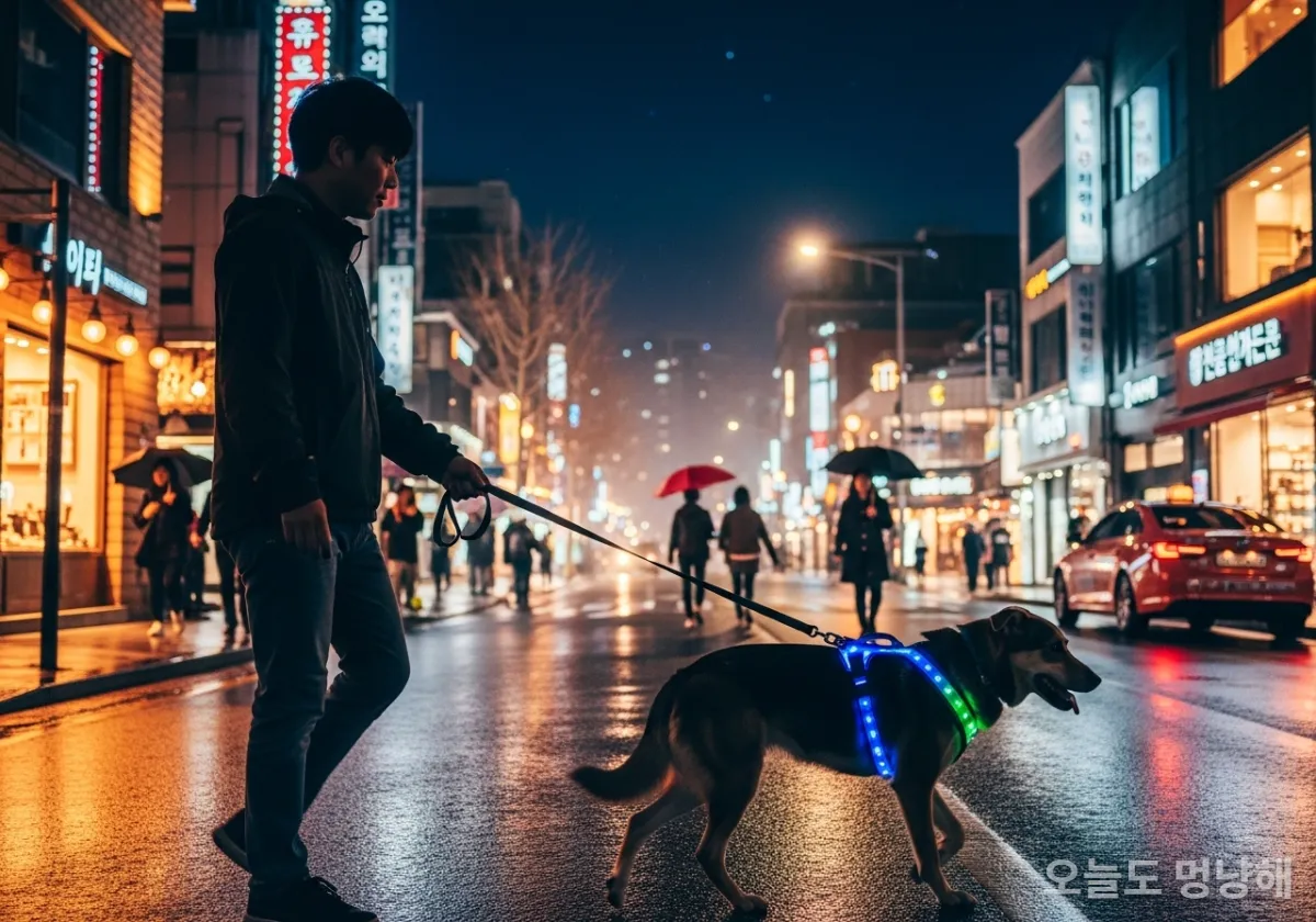 서울의 밤거리에서 LED 하네스를 착용하고 안전하게 산책하는 강아지와 보호자