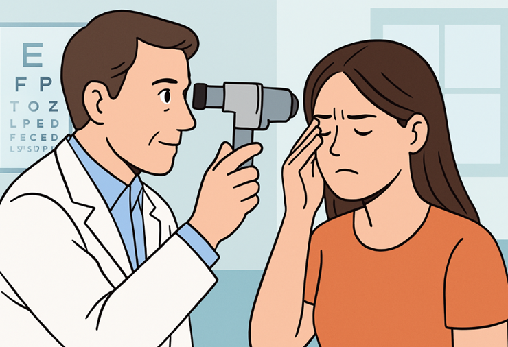 눈검사를하는 여성