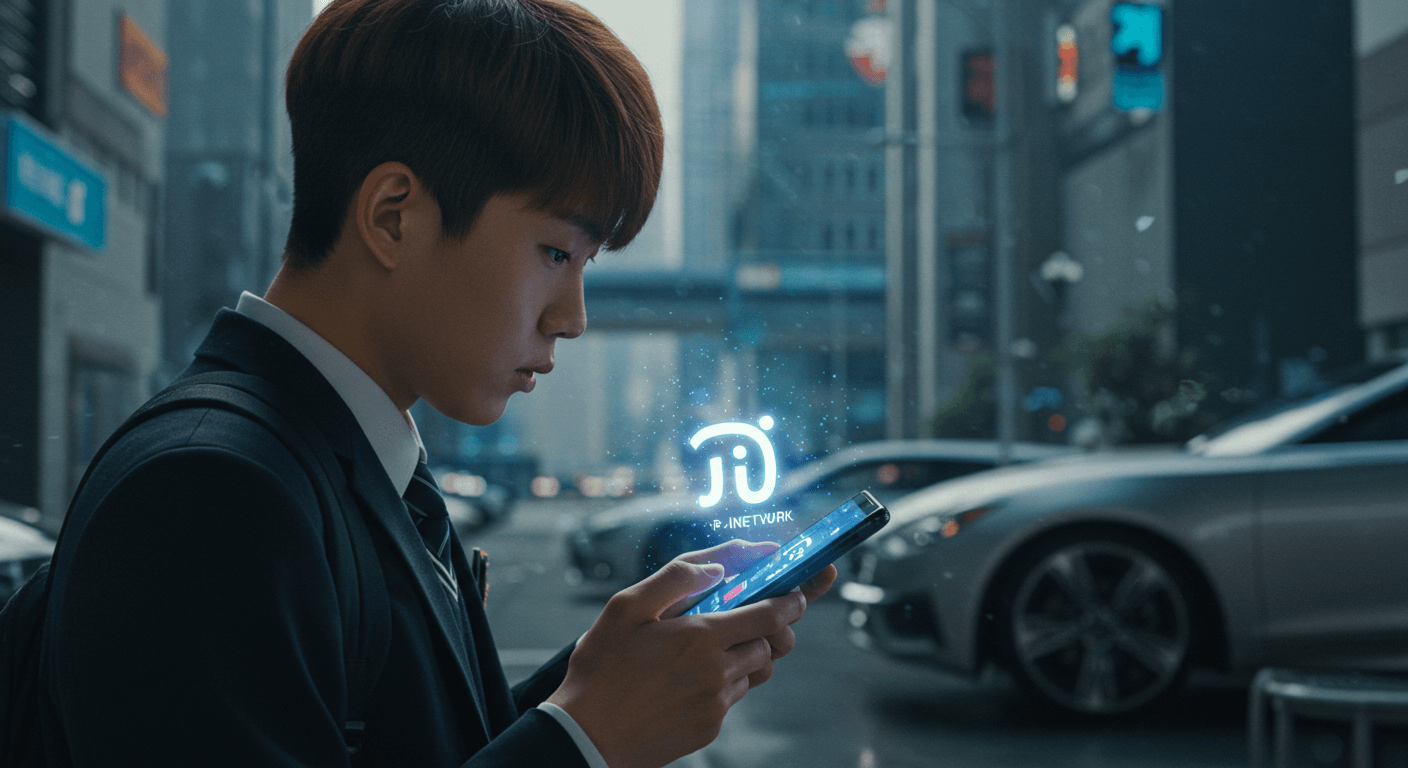 남학생이 스마트폰으로 파이네트워크 앱을 바라보는 장면