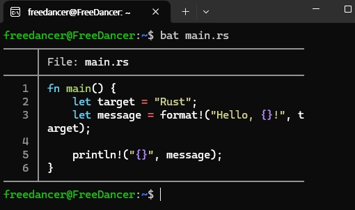 bat 명령으로 main.rs 파일을 열었을 때 문법 강조, 줄 번호, Git 변경 표시가 적용된 터미널 화면