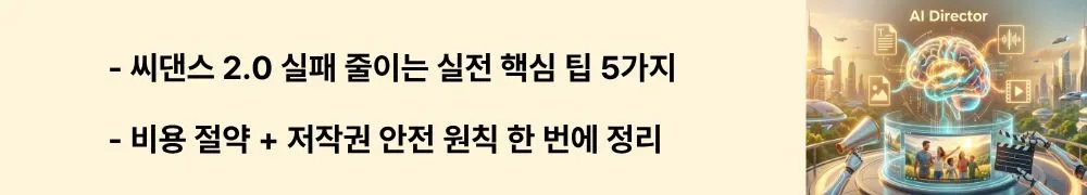 "씨댄스 2.0 실패 줄이는 실전 핵심 팁 5가지"라는 문구가 포함된 웹배너 이미지. 이 이미지는 씨댄스 2.0 사용 시 반복 실패를 방지하는 팁과 비용 절약 원칙 및 저작권 주의사항을 시각적으로 전달하며, 블로그의 씨댄스 2.0 실전 활용 전략과 관련된 내용을 설명함 (Seedance 2.0 tips, AI video cost optimization, copyright safety guide)