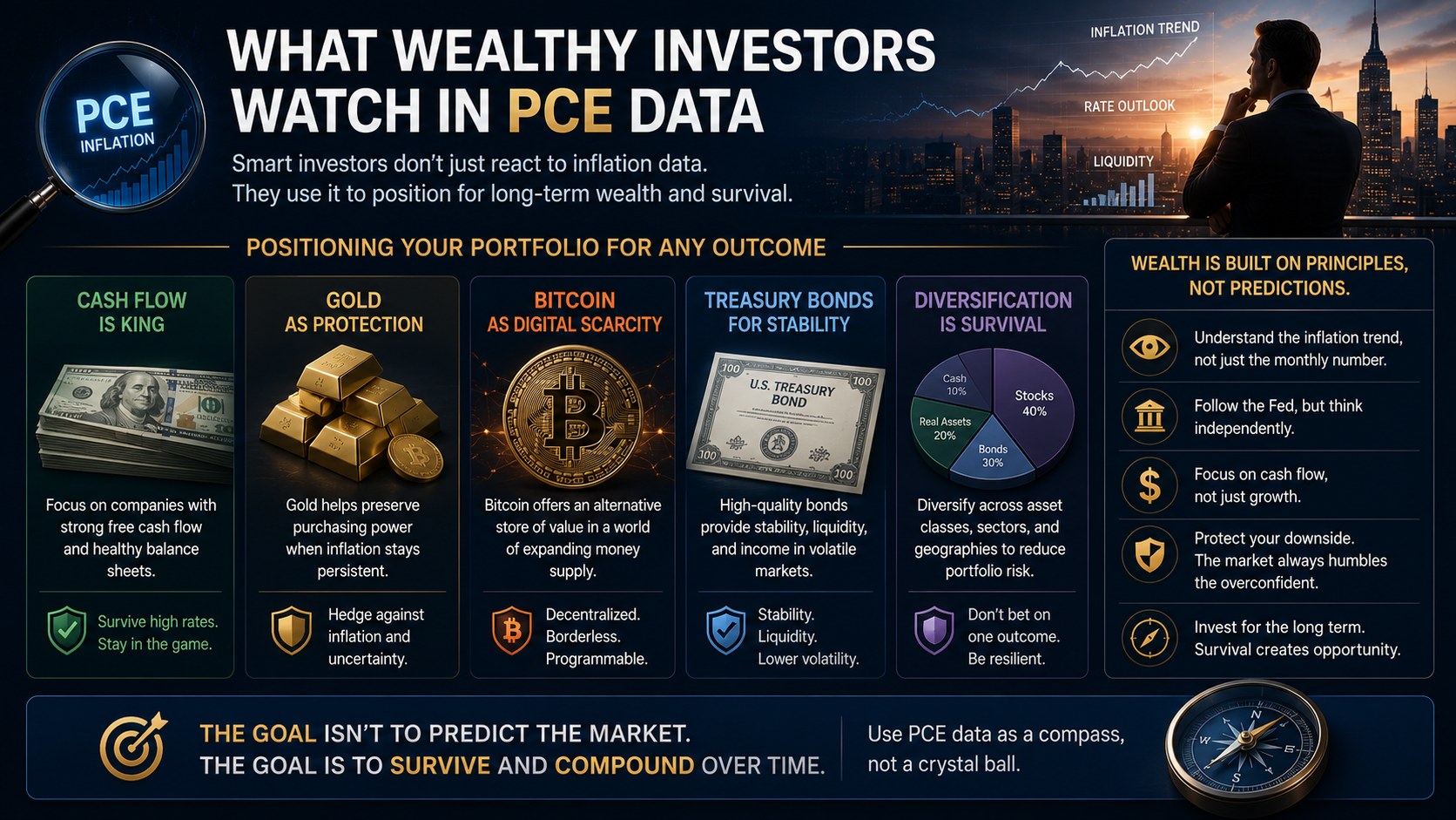 Wealth management strategy based on PCE inflation trends featuring cash flow assets, gold, Bitcoin, Treasury bonds, diversification, and long-term investing.