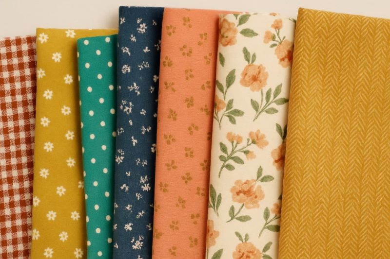 다채로운 색상의 면 원단들이 접혀서 나란히 배열