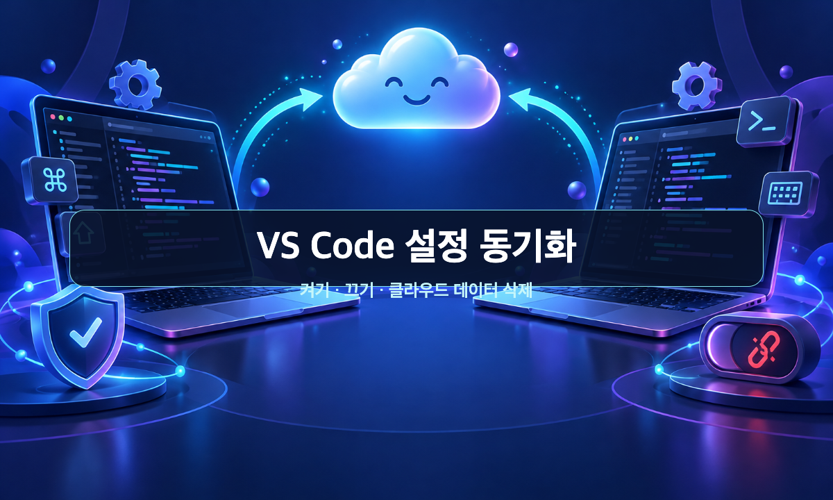 두 노트북과 구름이 연결된 삽화에 VS Code 설정 동기화 켜기 끄기 클라우드 데이터 삭제 문구