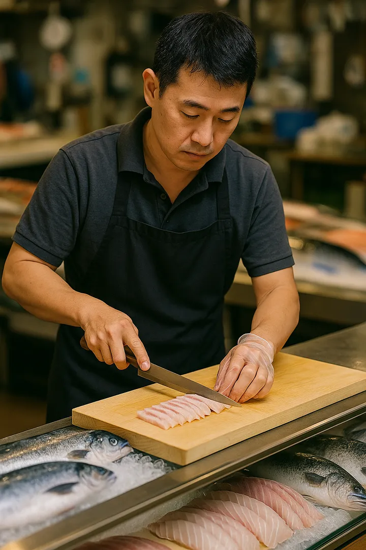신선한 생선을 손질하는 셰프 모습