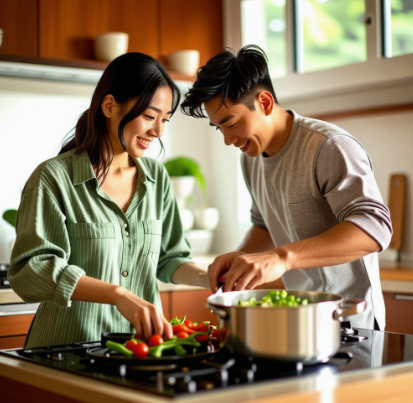 요리를하는 신혼부부